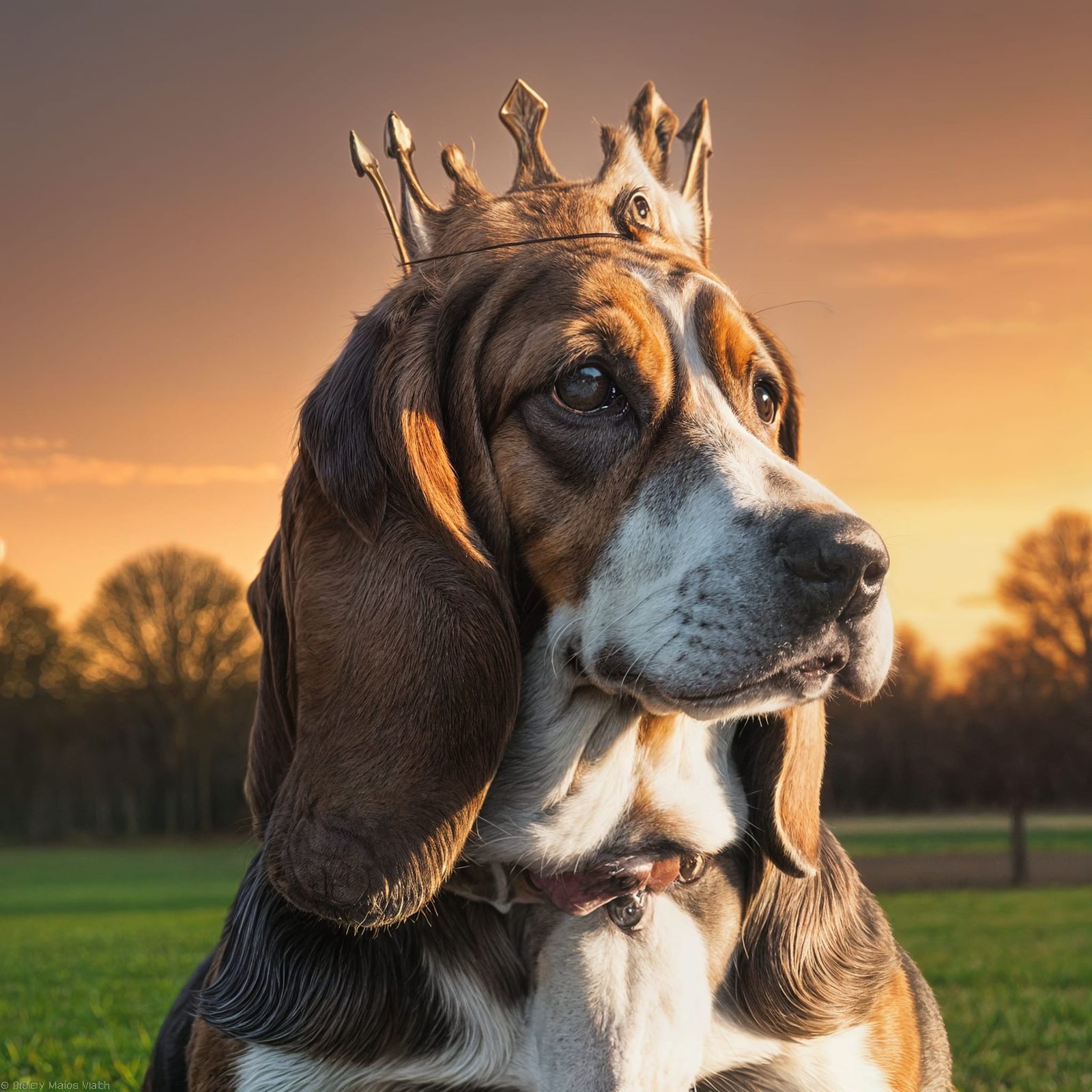 Basset Hound King Surveys Dog Park in Golden Hour