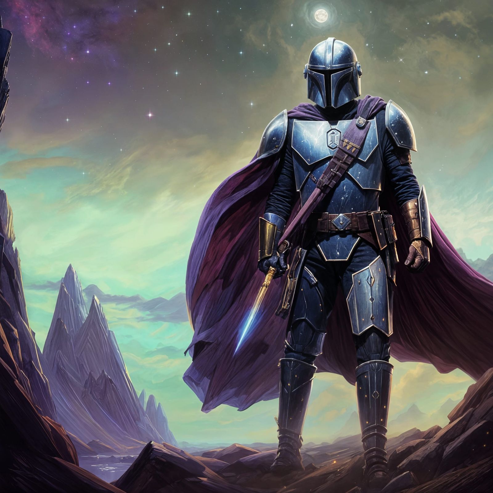 Mandalorian with Metal Spear in Fantasy Landscape