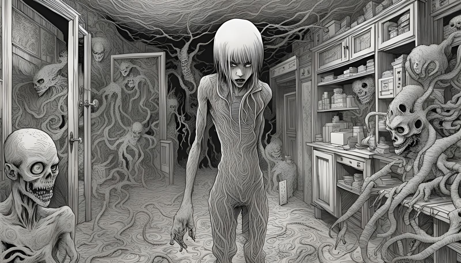 Junji Ito Inspired Demon in Haunted Landscape