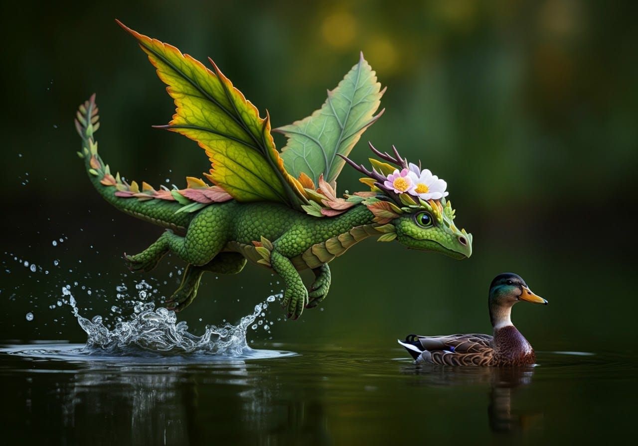 Leafy Dragon Chasing Duck: Hyperrealistic Digital Art