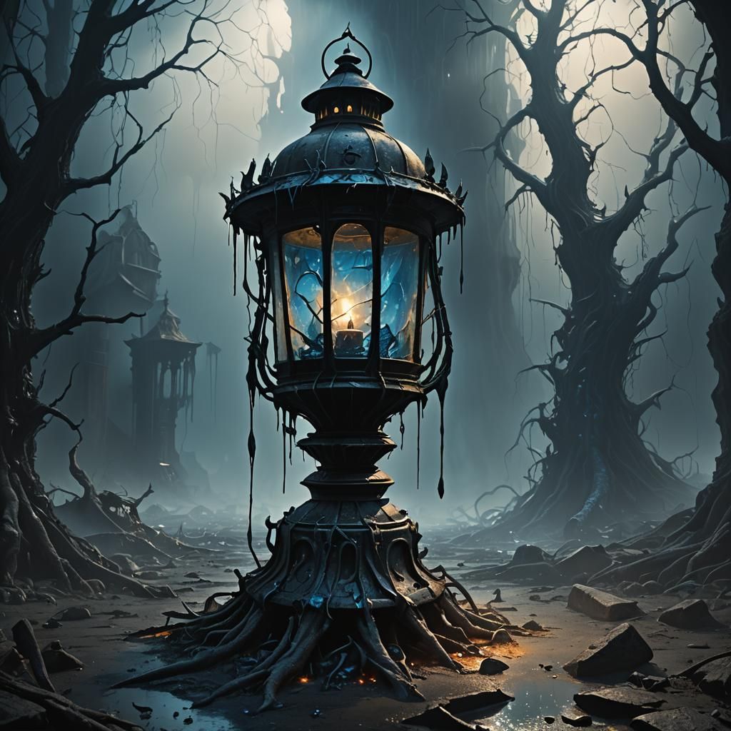 Cursed Lantern with Blue Flame in Dark Fantasy Style