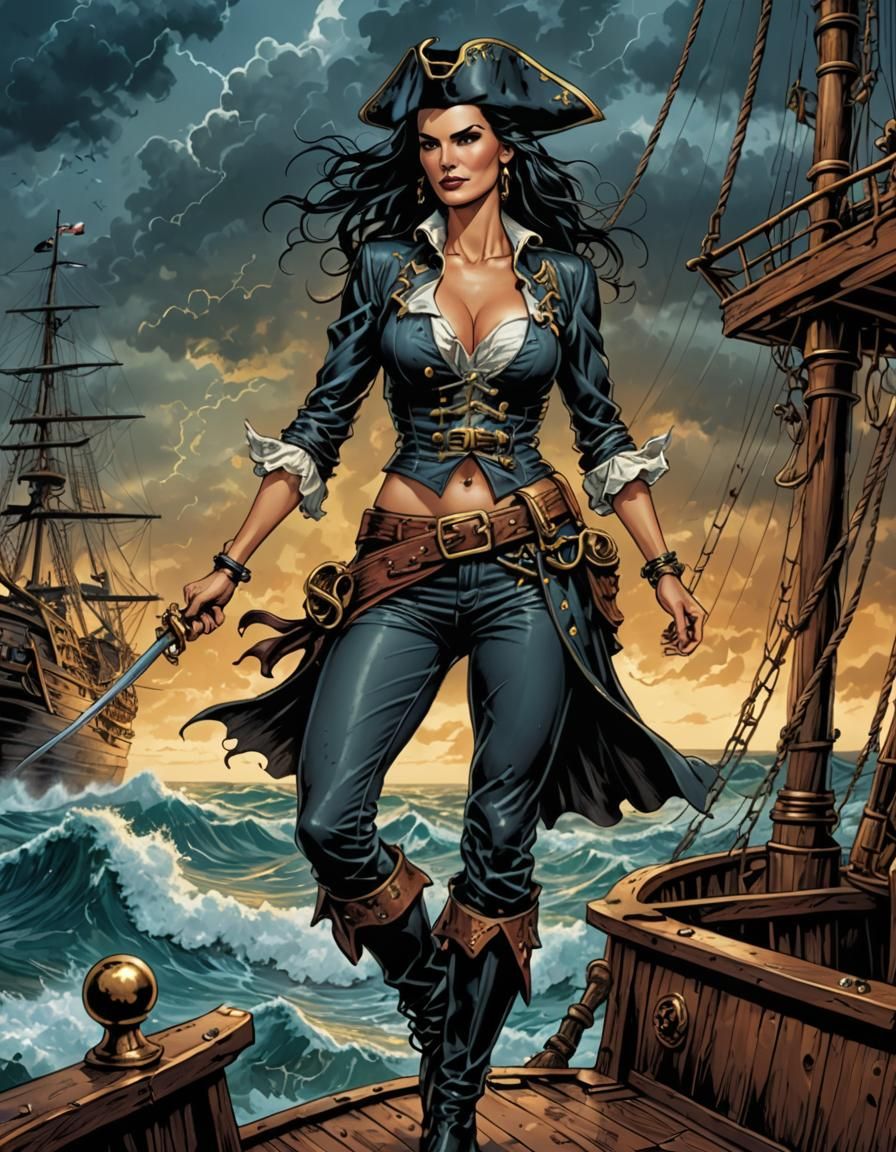Pirate Pin-Up on Ship in Comic Book Art Style