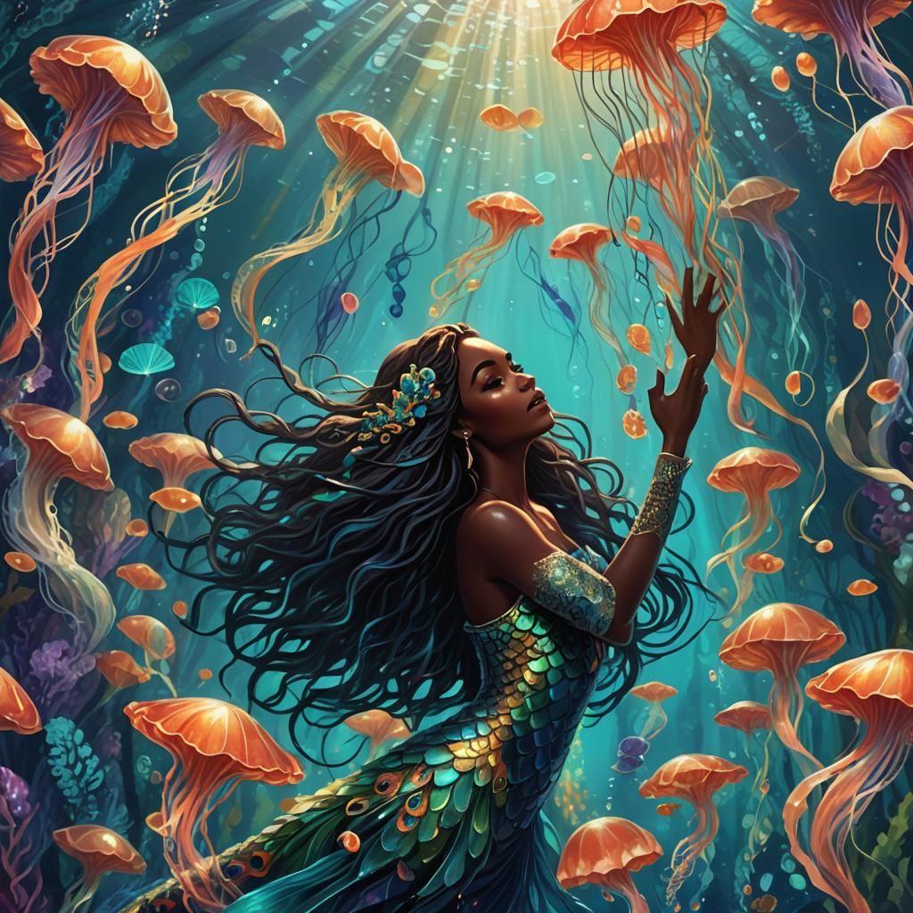 Peacock Mermaid in Underwater Fantasy Illustration