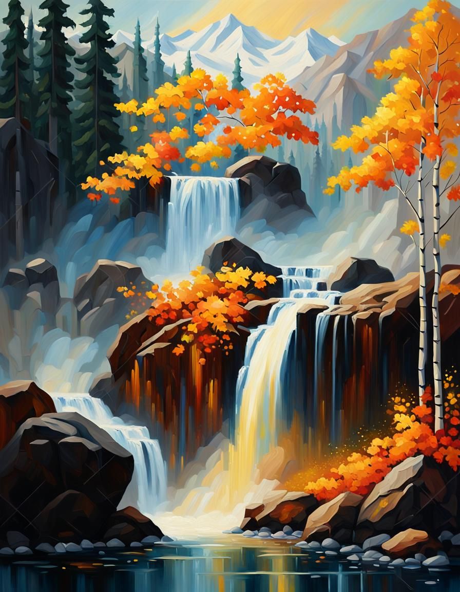 Waterfall in Aspen Grove: Impasto Oil Painting