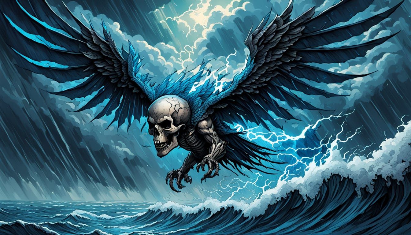 Cracked Skull with Storm Cloud Wings in Dark Fantasy Art