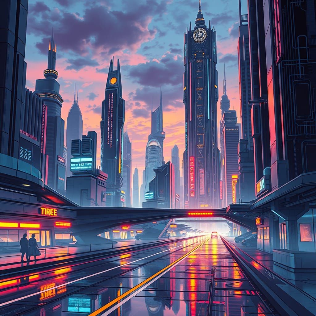 Futuristic Cityscape at Dusk in Cyberpunk Style