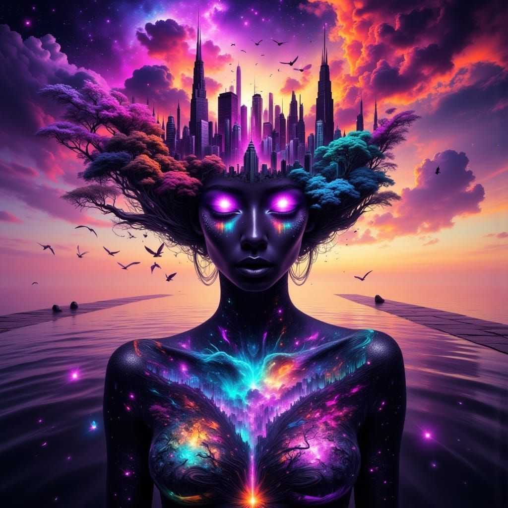 Asexual Pride Personified in Cyberpunk Surrealism