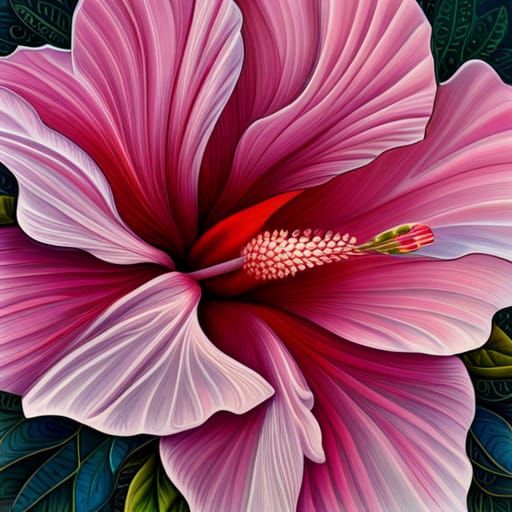 Detailed Pink Hibiscus Blossom in Mixed Media