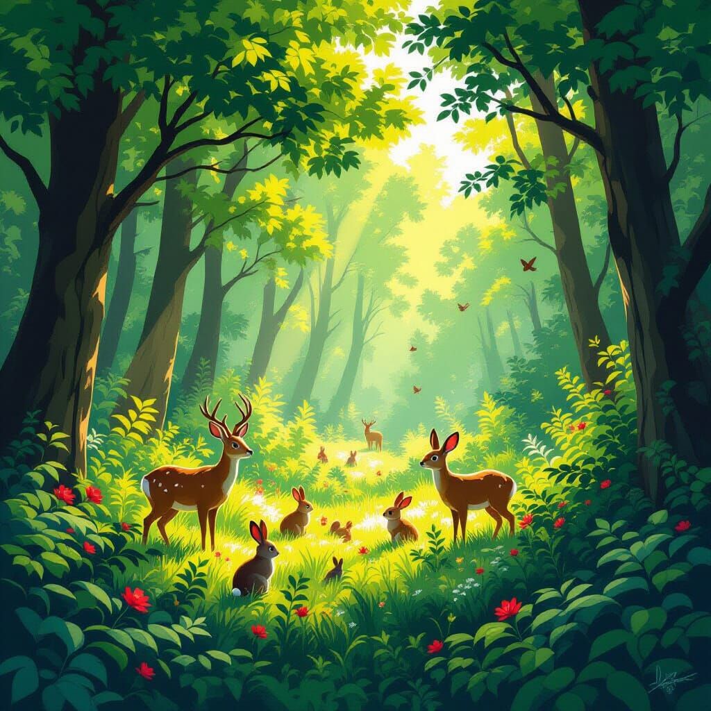 Vibrant Summer Forest Alive With Wildlife and Sunlight