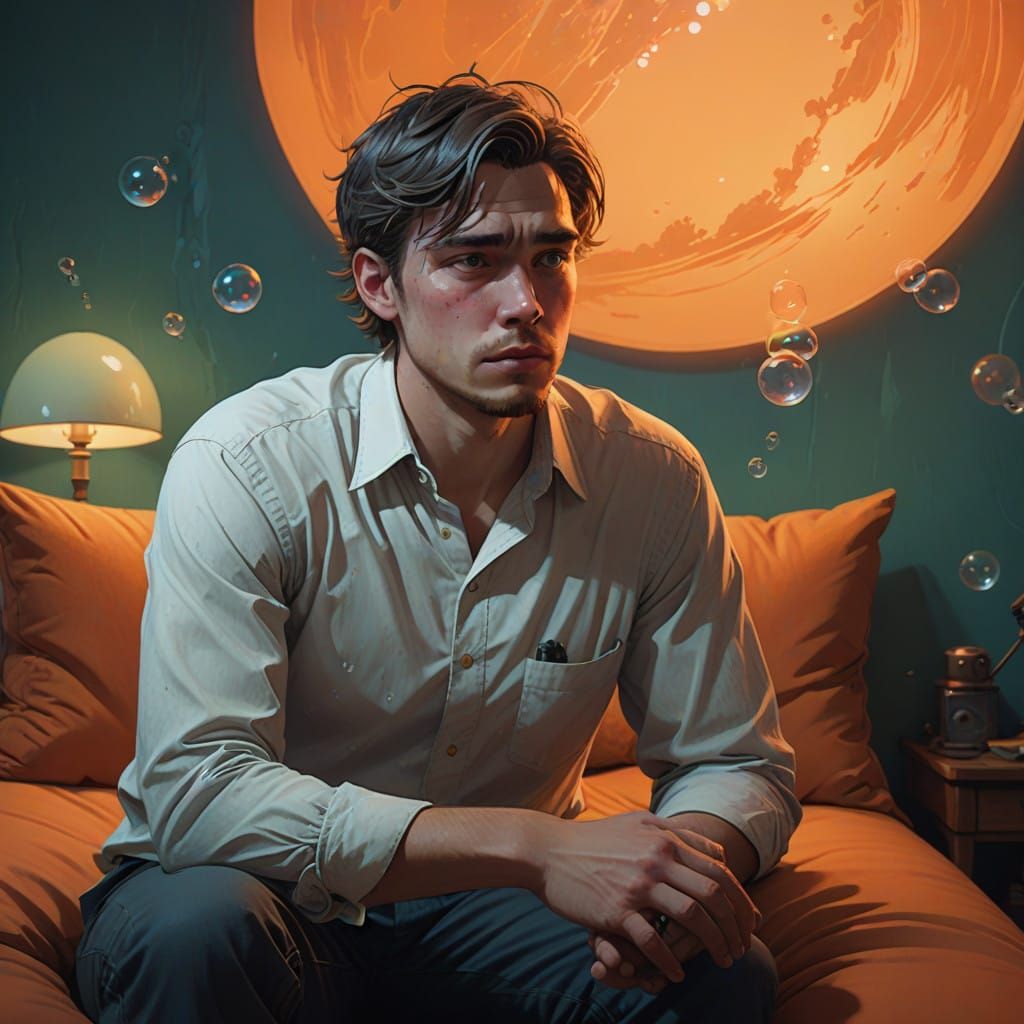 Dreamlike Young Man on Velvety Pillow, Orange Wallpaper