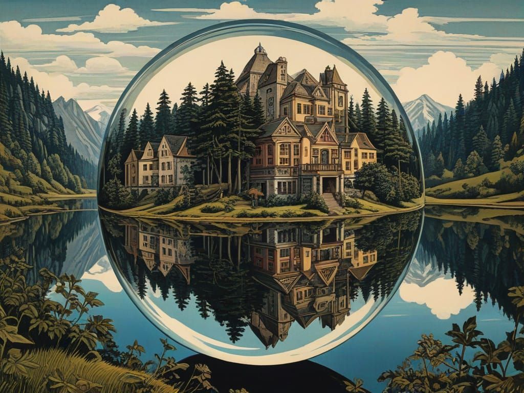Escher Inspired Landscape with Reflecting Sphere