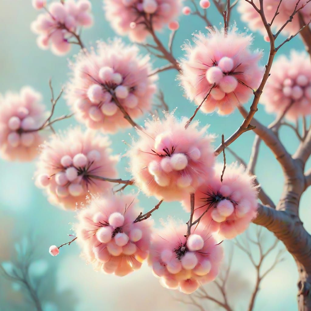 Whimsical Tree with Pink Pom Poms in Watercolor Style
