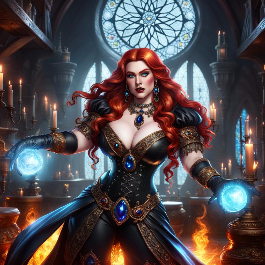 Redheaded Sorceress in Alchemist Lab: Comic Book Art