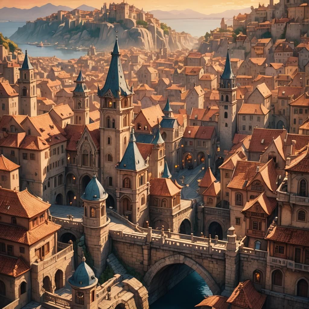 Braavos: Ghibli-Inspired Watercolor Cityscape at Sunset