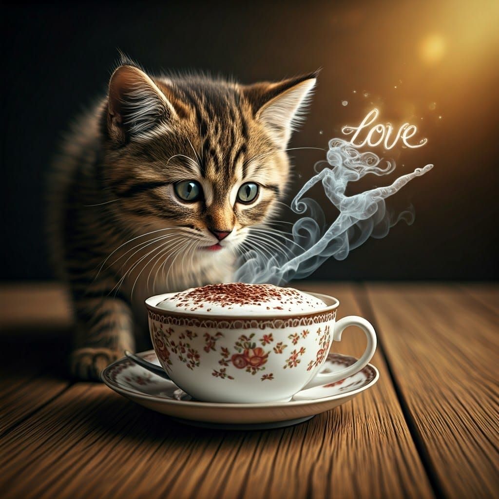 Whimsical Kitten Sips Cappuccino Amidst Steamy Fantasy