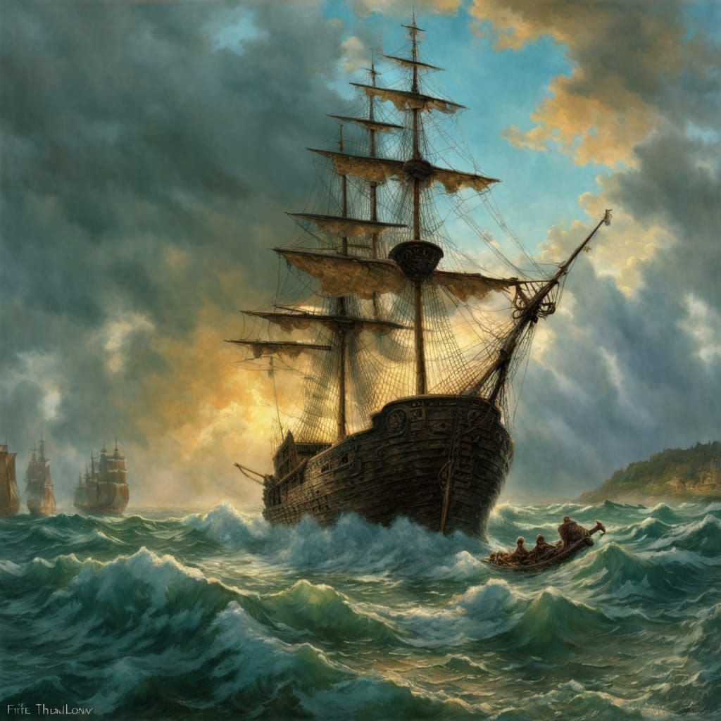 Pirate Ship Under Stormy Skies in Ethereal Style
