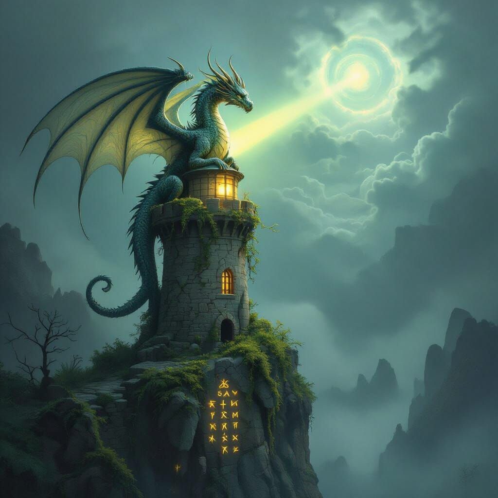 Ethereal Dragon on Lighthouse in Mystical Fog