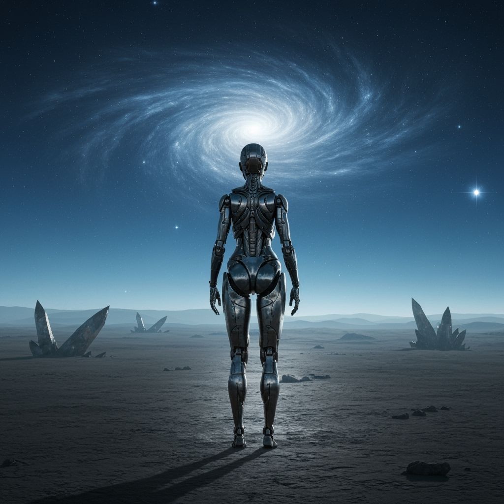 Robot Gazes at Nebula in Crystal Alien World