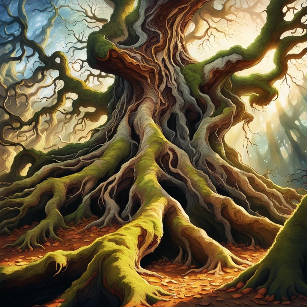 Gnarled Roots Reach Skyward in Fantasy Art