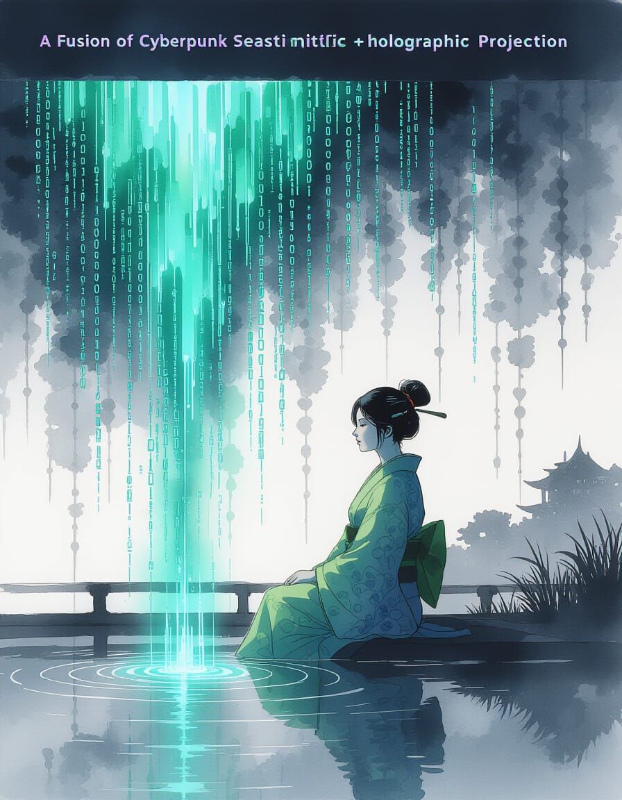 Cyberpunk Woman in Matrix Rain: Sumi-e Watercolor Style