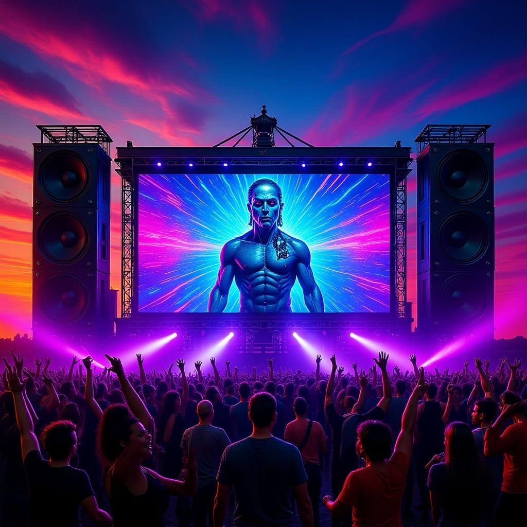 Vibrant Outdoor Rave Festival With AI Figure on Screens