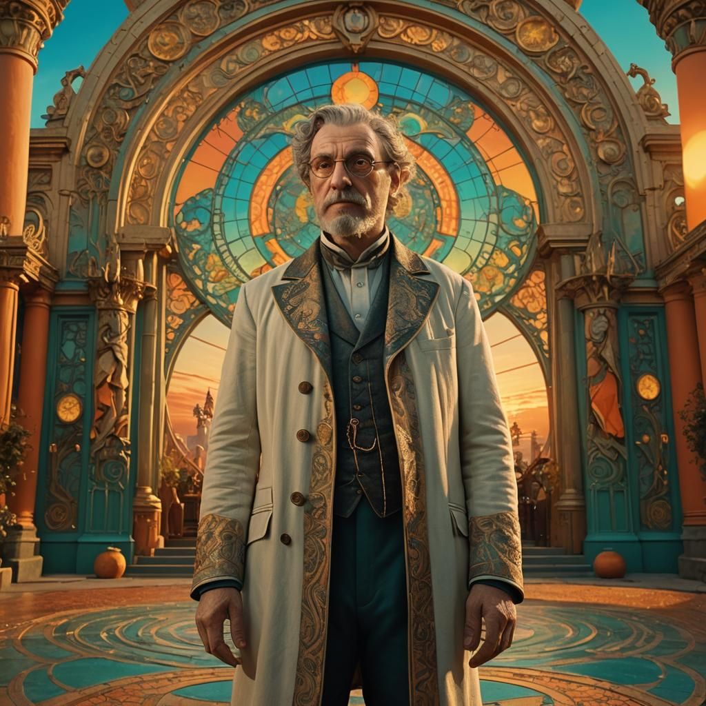 Dr. Parnassus Stage at Sunset: Cinematic Art Nouveau