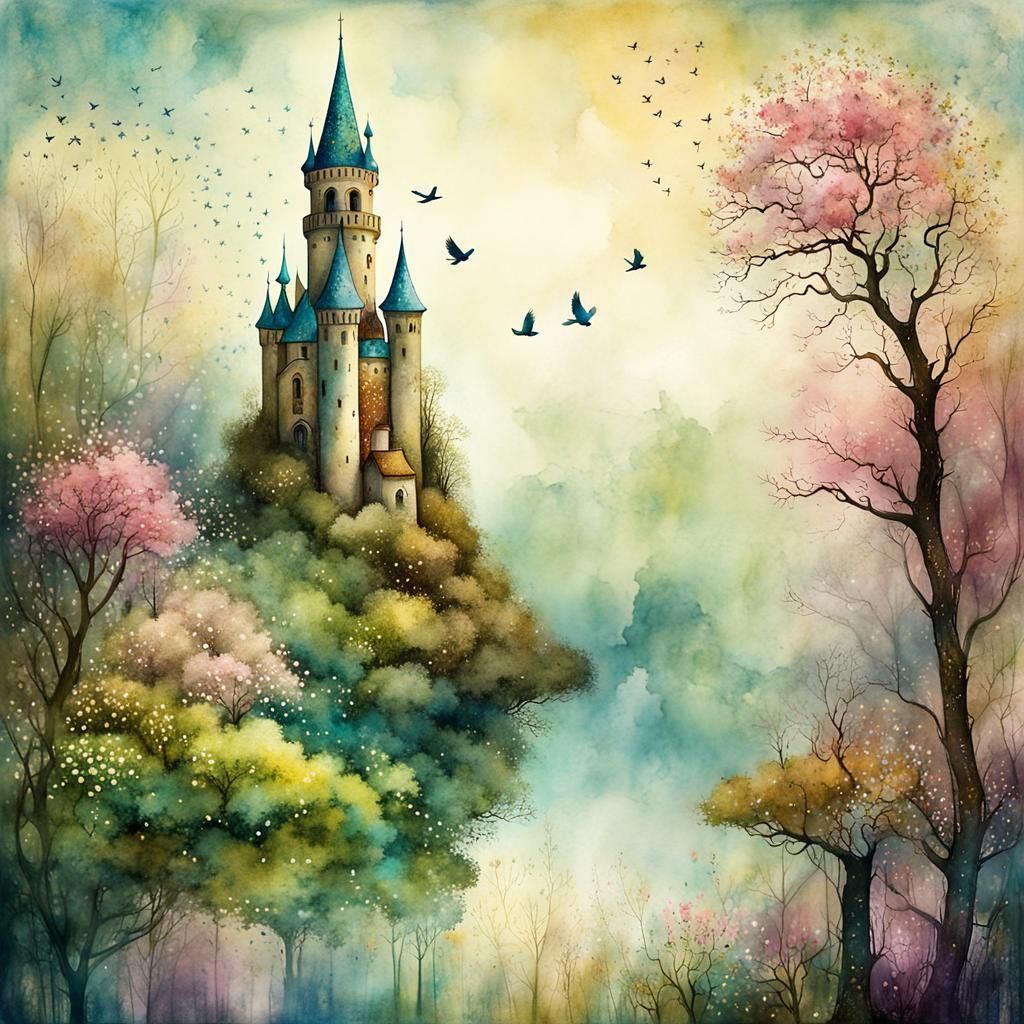 Enchanting Spring: Rapunzel's Tower in Watercolor Art