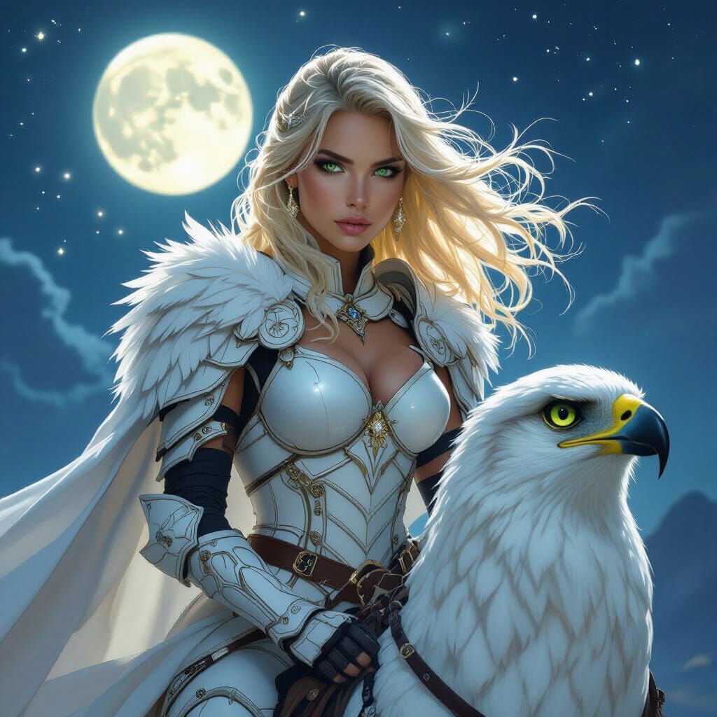 Female Warrior Rides Hawk in Ethereal Style