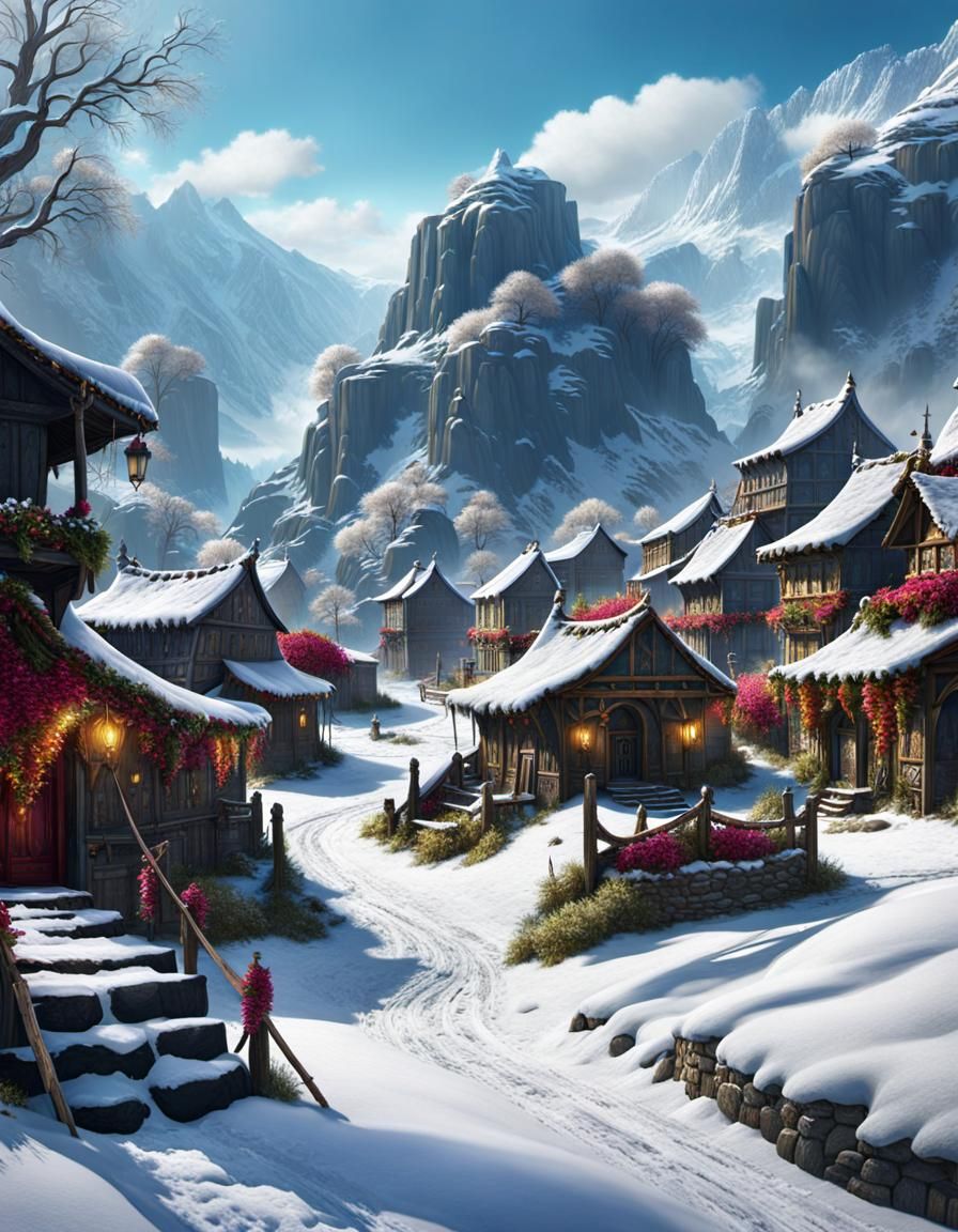 Snowy Gypsy Village Fantasy Matte Painting
