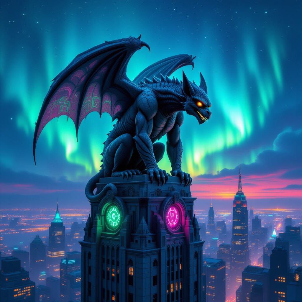 Ancient Gargoyle on Skyscraper in Psychedelic City