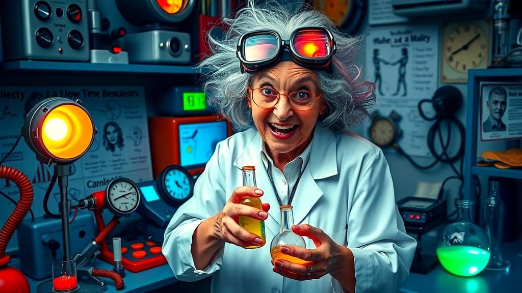 Whimsical Elderly Scientist in a Gadget-Filled Laboratory