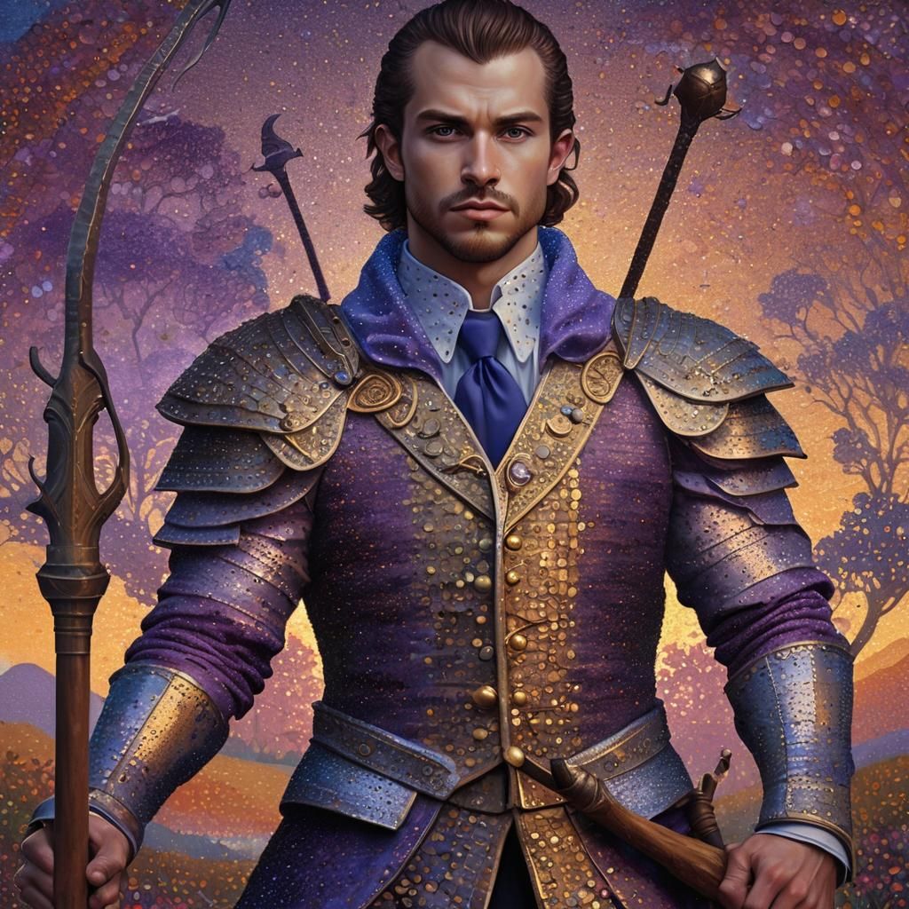 Fantasy Warrior in Pointillism Style Sunset