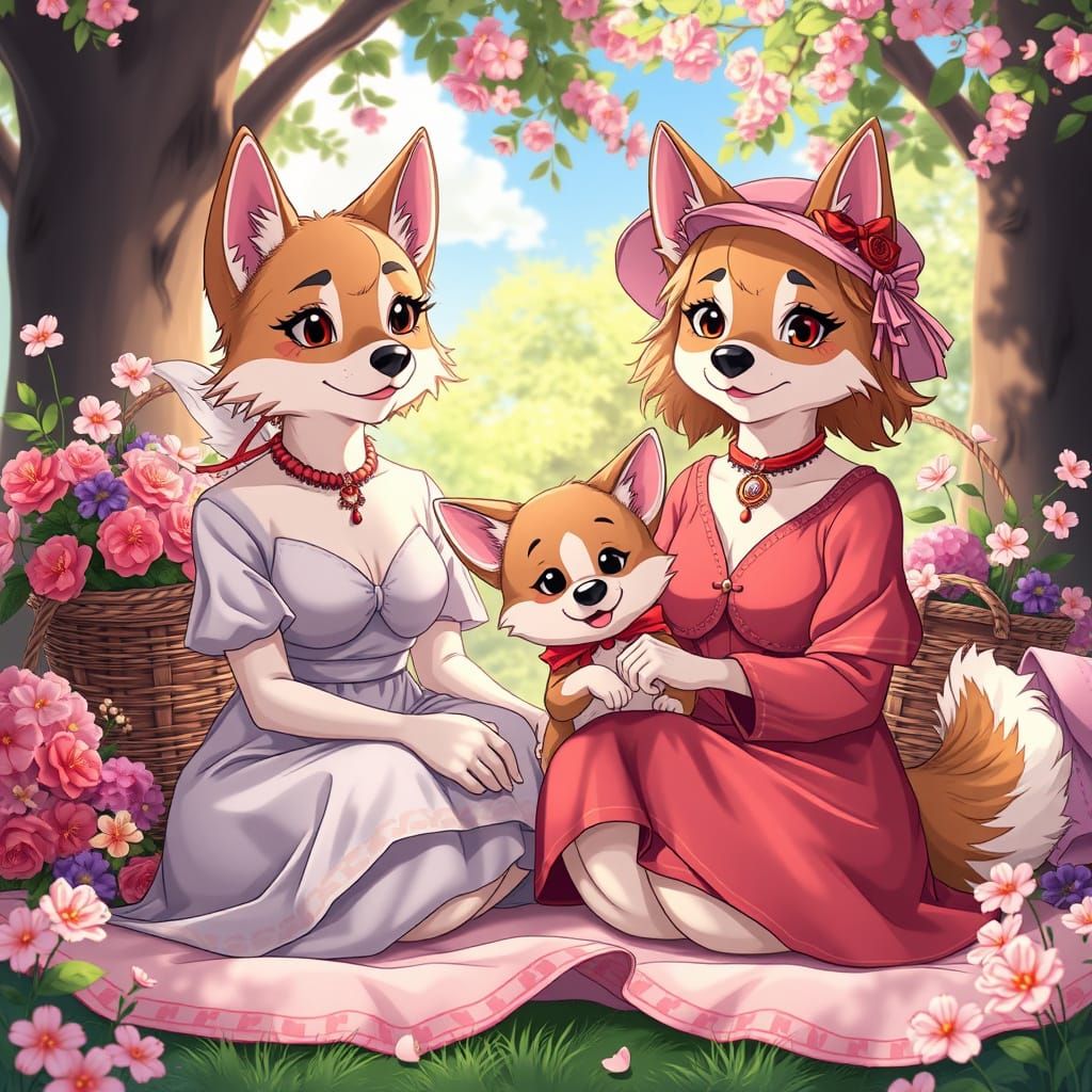 Elegant Dog Women Celebrate Mother's Day in Vibrant Manga St...