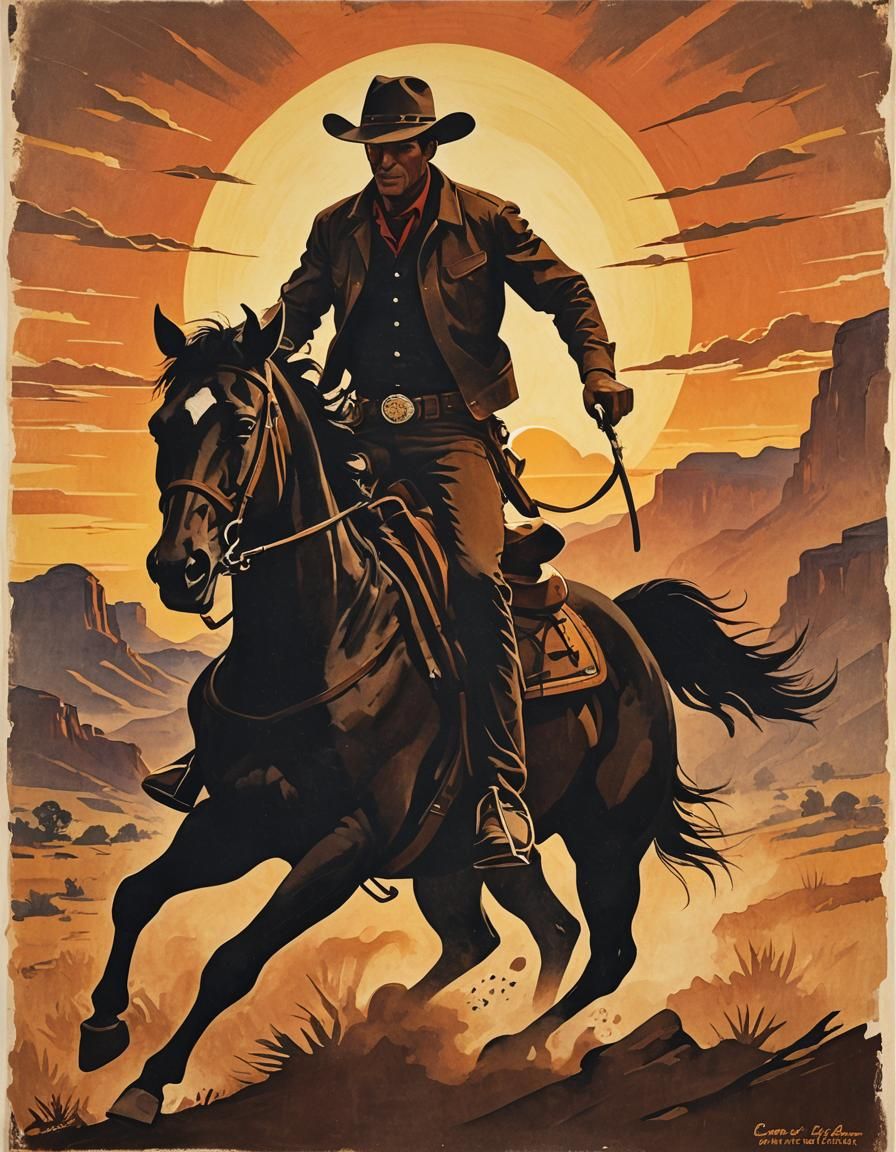 WPA-Style Poster of Cowboy Riding into Sunset