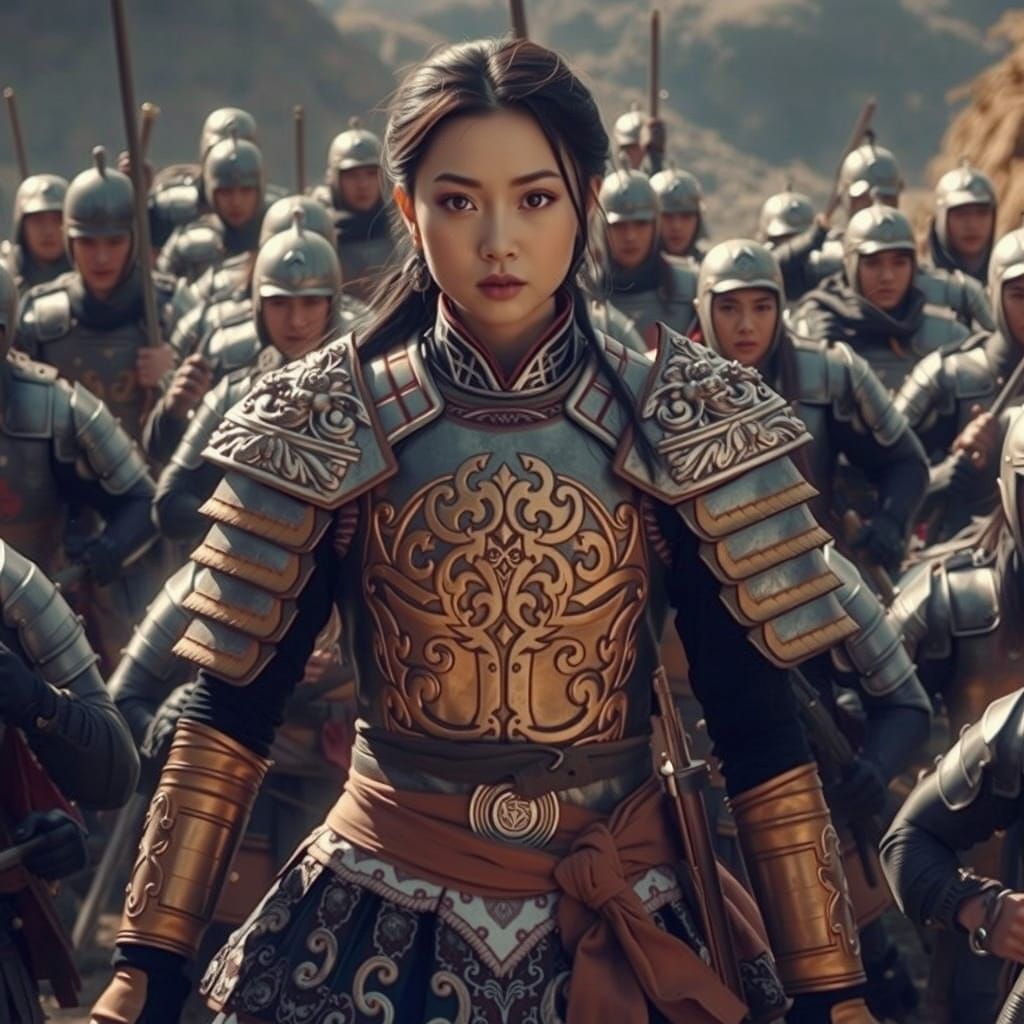 Chinese Girl Warrior in Epic Battle Scene