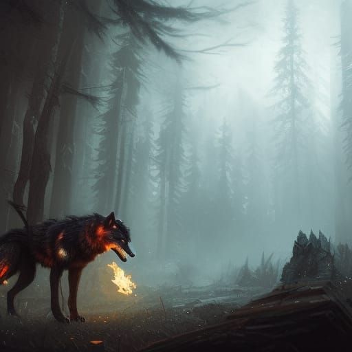 Fiery Armored Wolf in Dark Fantasy Style