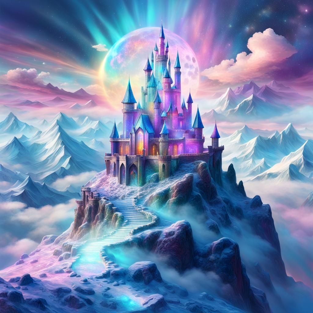 Iridescent Glass Castle on Icy Mountain Peak
