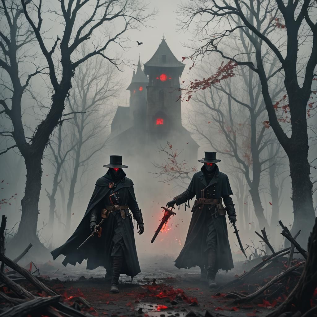 Plague Doctor with Red Eyes in Fog