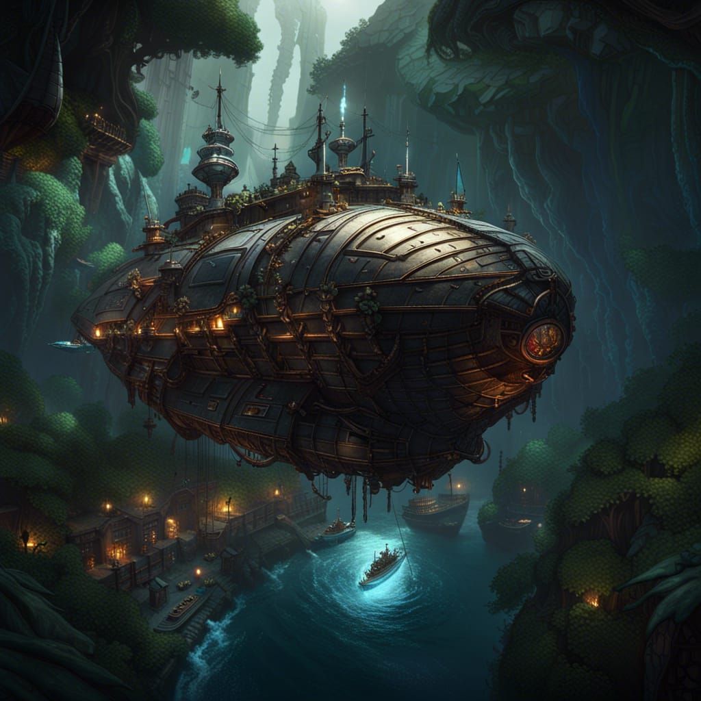 Fantasy Airship Over Naval Fleet, Dark Concept Art