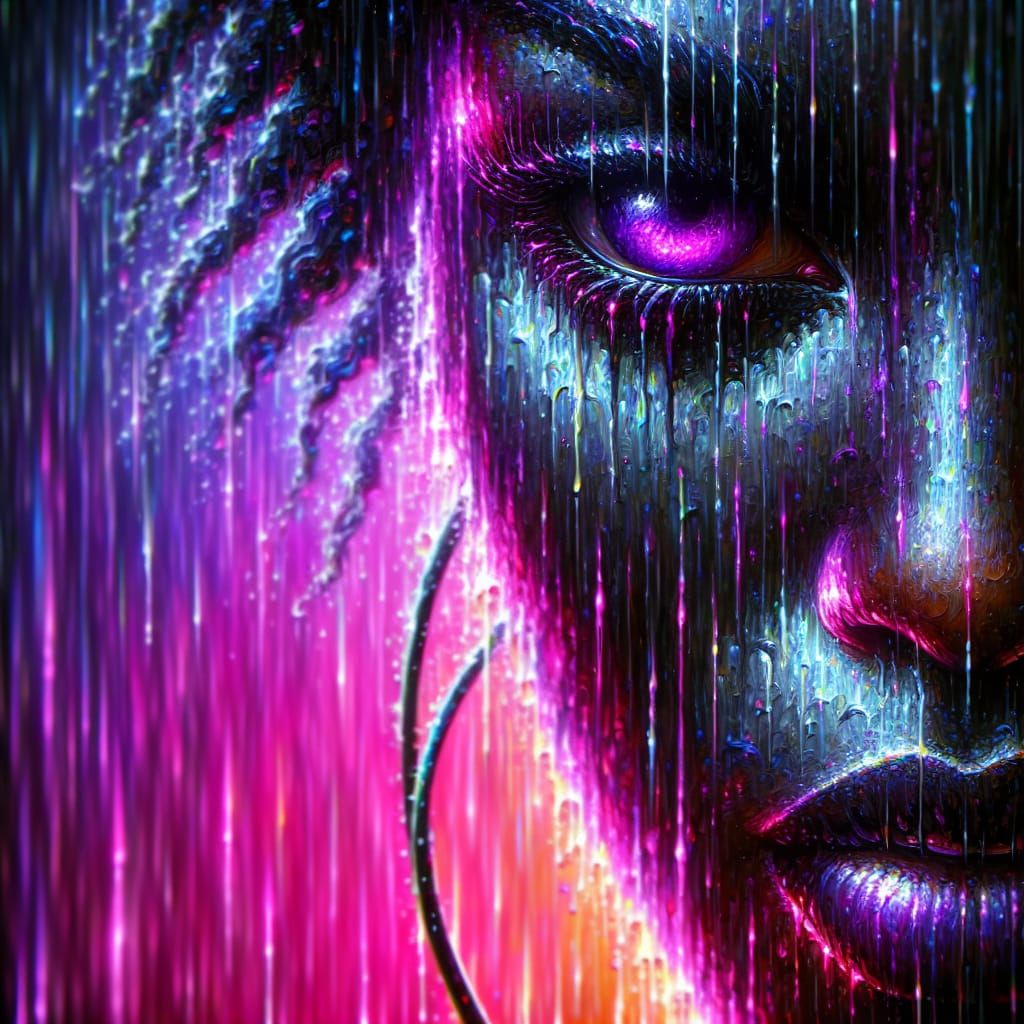 Woman's Face in Rainy Neon Fantasy Portrait