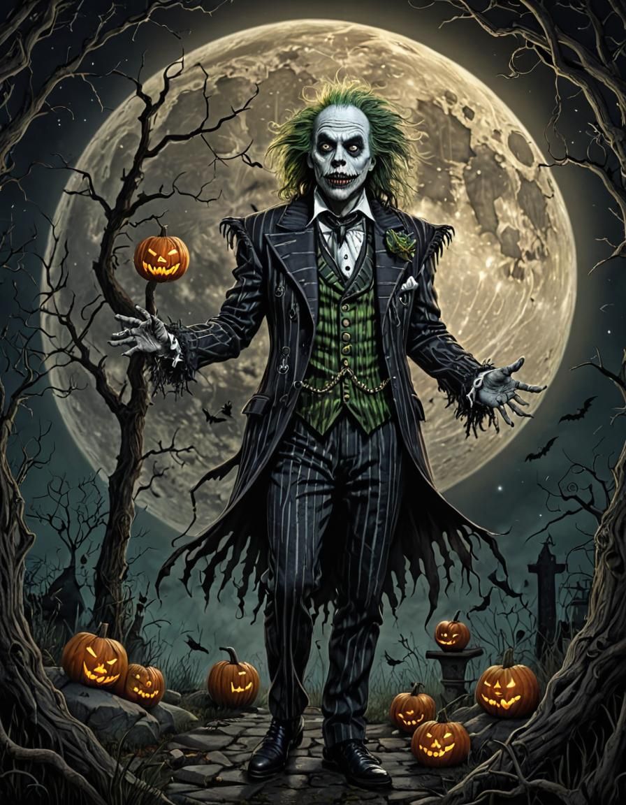 Halloween Beetlejuice Under Full Moon in Dark Fantasy Style