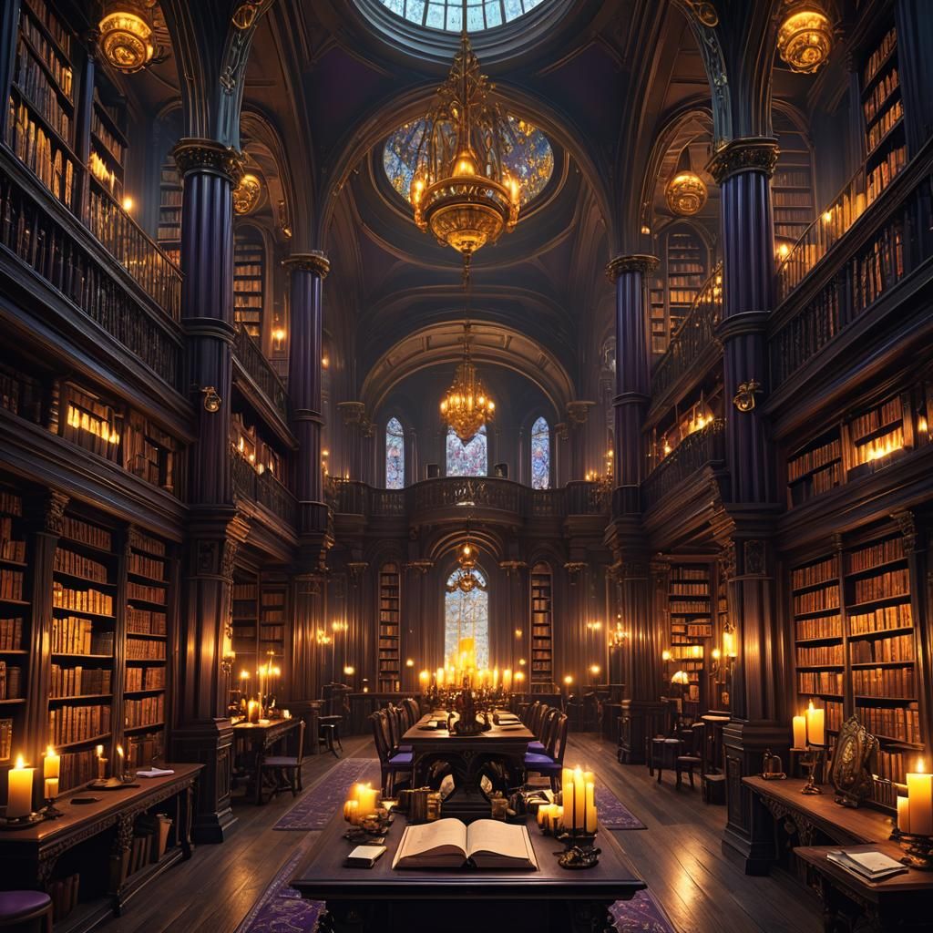 Detailed Dark Fantasy Library with Candlelight, 8K