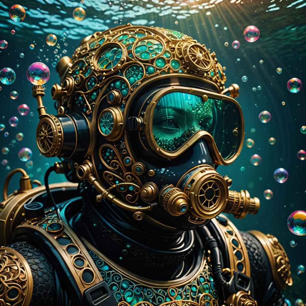 Psychedelic Art Nouveau Scuba Diver Underwater