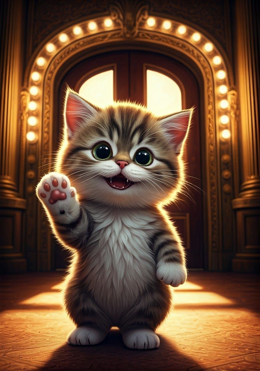 Fluffy Kitten Greets at Theater Door in Digital Painting
