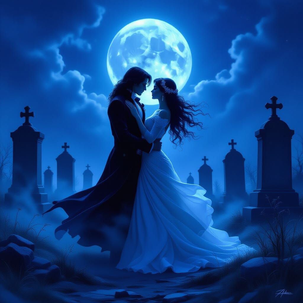 Spectral Couple Dances in Moonlit Gothic Cemetery