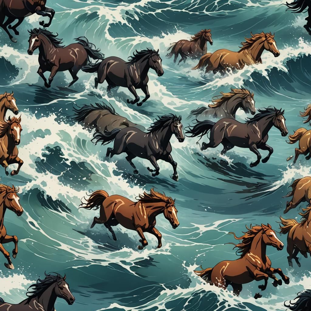 Anime Horses Running in the Ocean