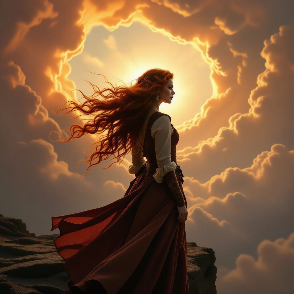 Woman with Red Hair on Cliff, in Baroque Style