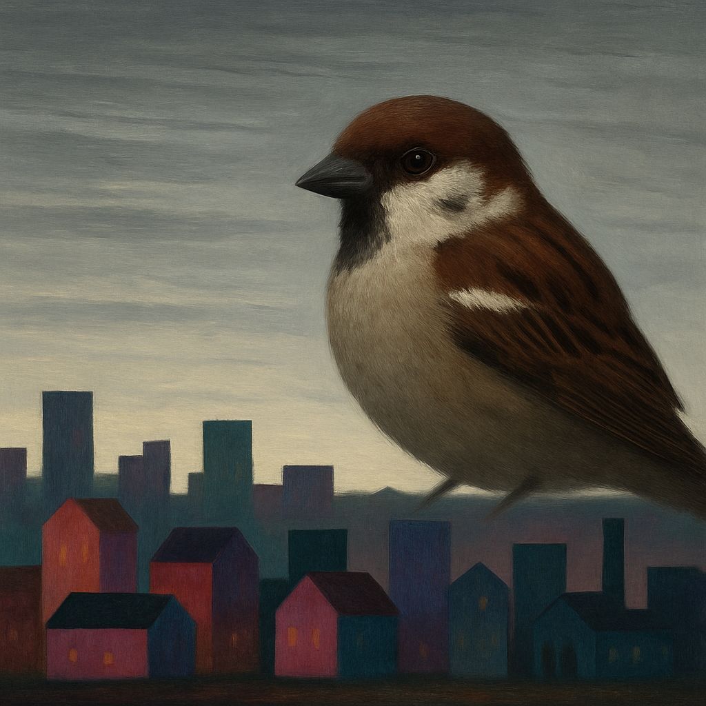 Ultra-Realistic Sparrow Over Abstract Urban Landscape