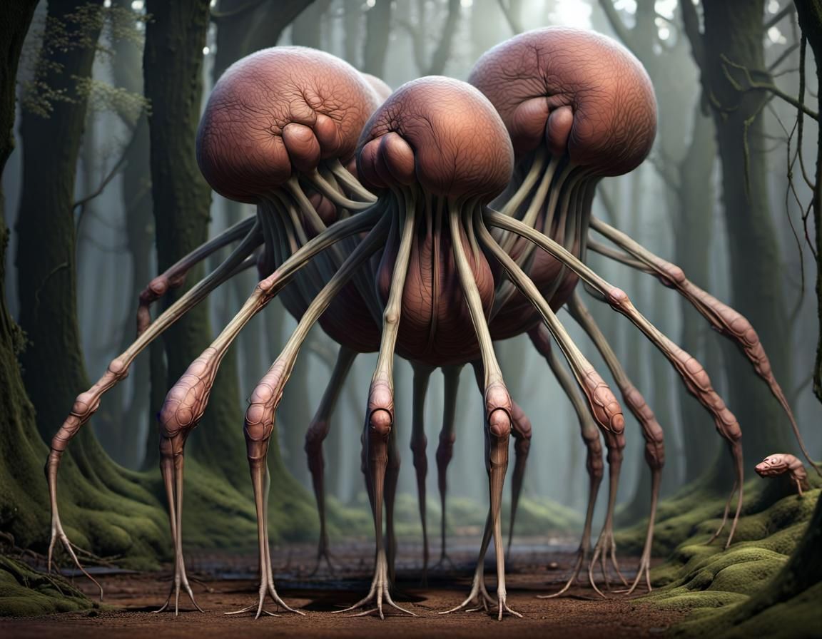 A creature made of five fleshy pods of different sizes array...
