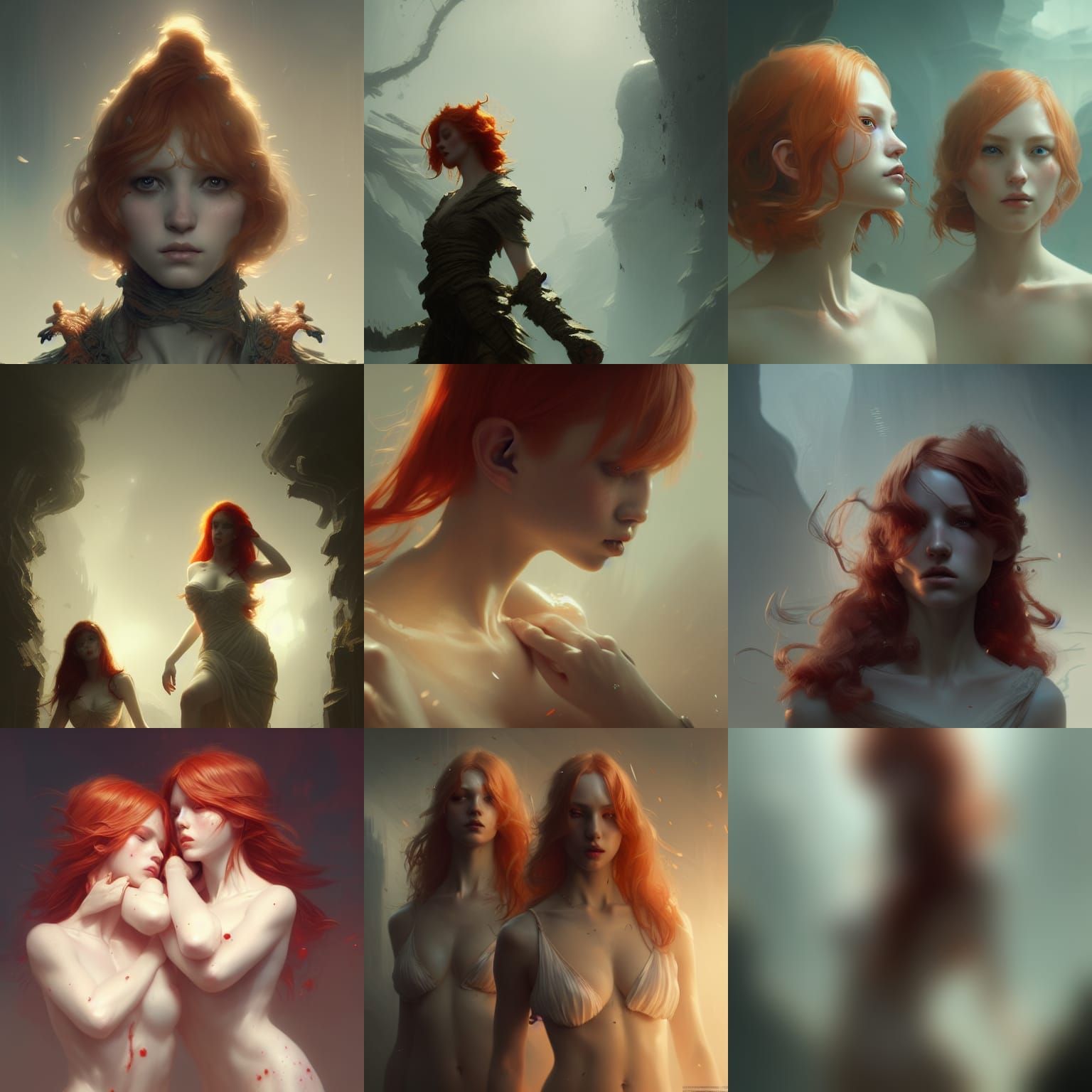 Ravishing Ginger Nonuplet Sisters in Dark Fantasy Style
